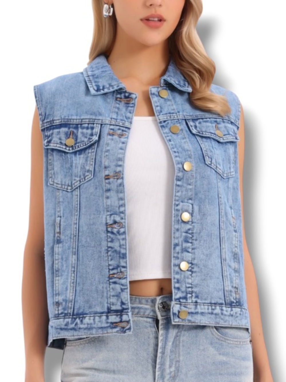 Blue Age Women’s Classic Light Blue Denim Button-Front Collared Vest